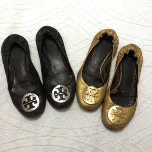 2 Pairs of Tory Burch Reva Flats - Gold and Black, size 8